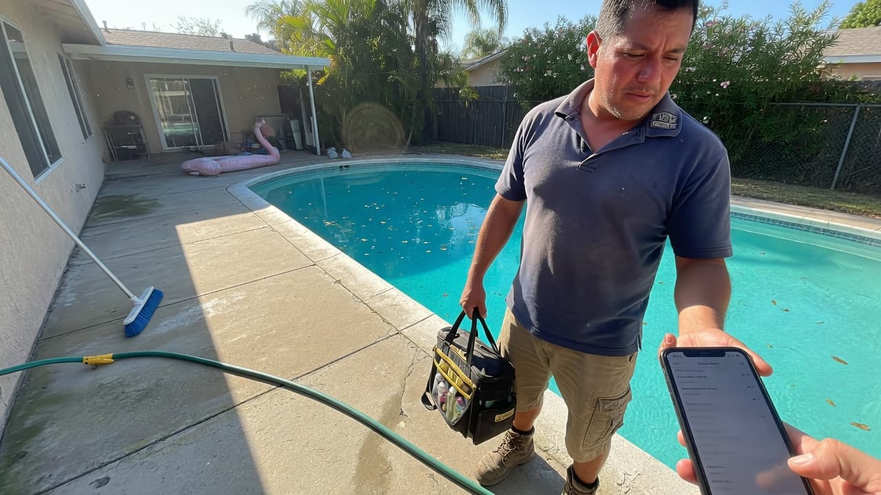 Pool technician on a residential route checking the day's stops on a phone