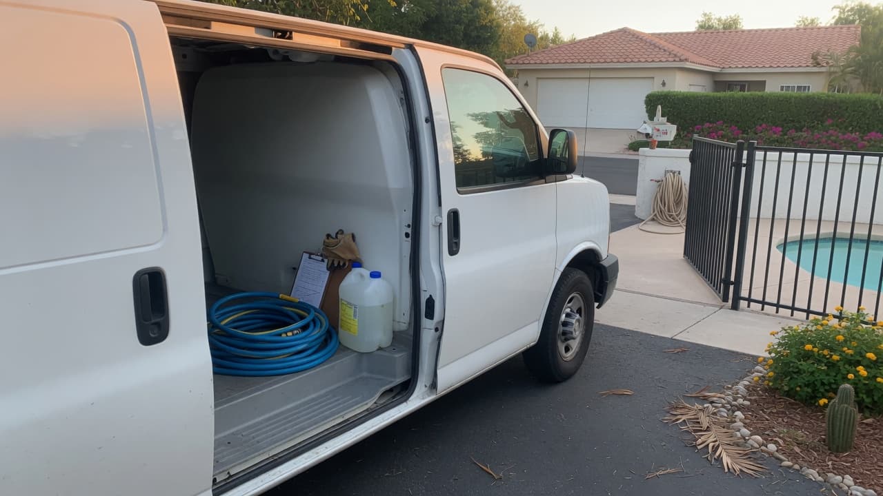White pool service van with hose, chemicals, and clipboard at a residential stop