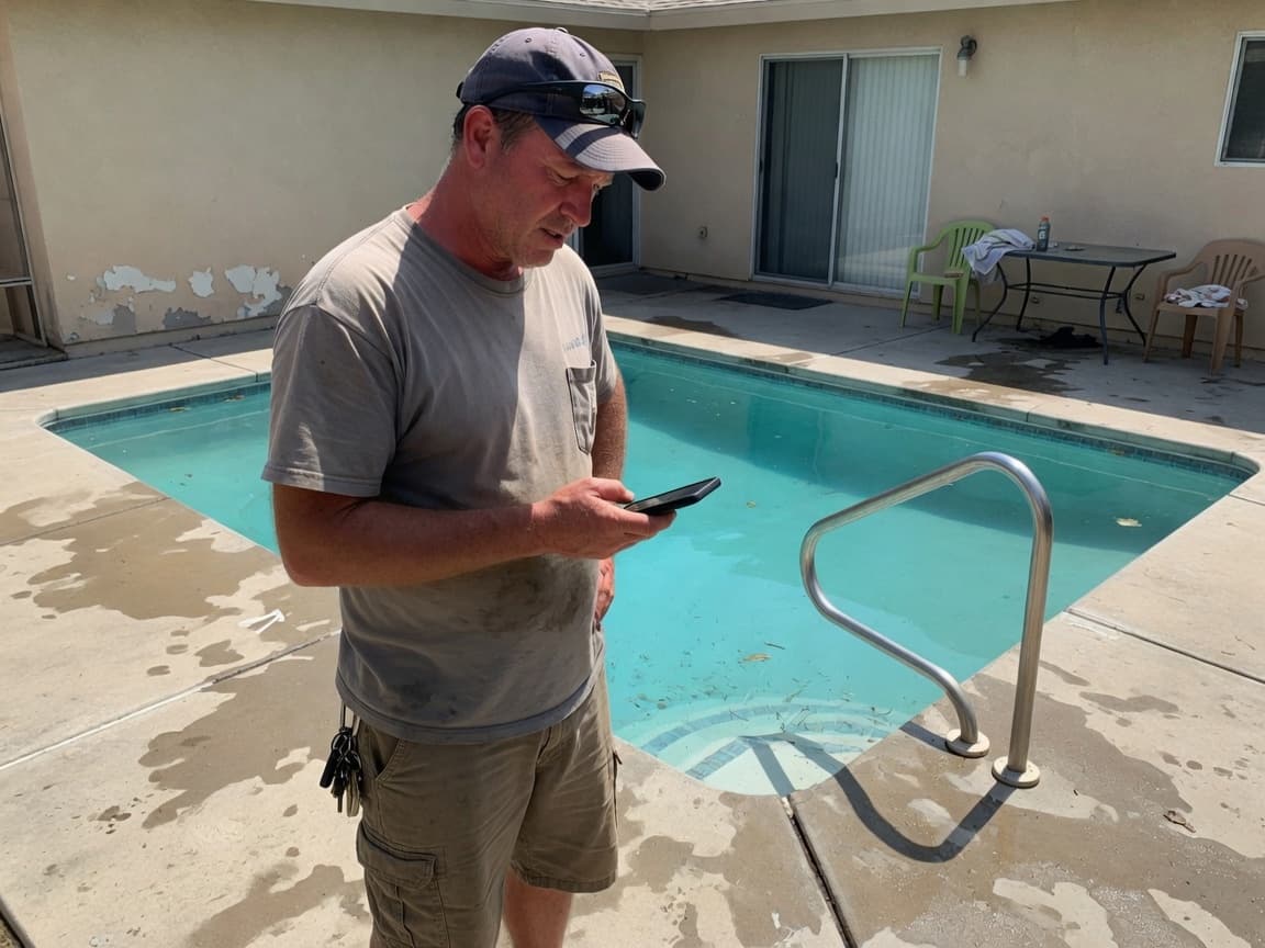 Pool service technician checking a phone on a residential pool route